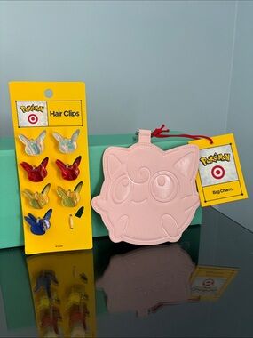 Jigglypuff Pink Bag Charm and Assorted Pikachu Hair Clips-1 Clip missing